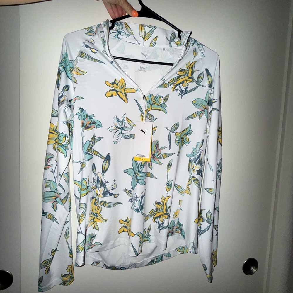 Puma White Floral Zip Hoodie with Yellow and Teal Bloom